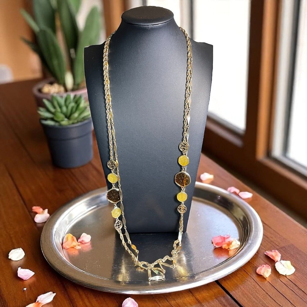 Vintage Sarah Coventry Yellow Brown Gold Tone Long Statement Necklace‎